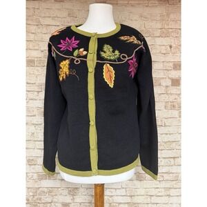 Bobbie Bell Embellished Cardigan Sweater Womens M Black Autumn Leaves